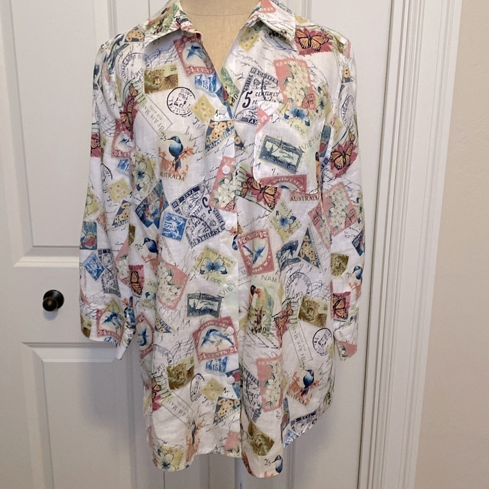Vintage Chico’s Linen Button Down Blouse Womens S Bird Stamp Novelty Print shirt